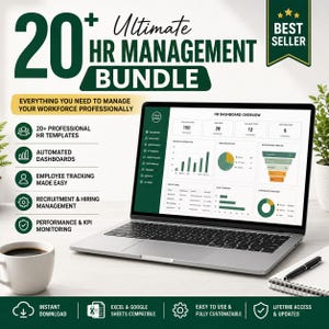 May include: A digital HR management bundle displayed on a laptop screen showing an HR dashboard overview with charts and data. The text reads 20+ Ultimate HR Management Bundle, Everything you need to manage your workforce professionally, and Best Seller.