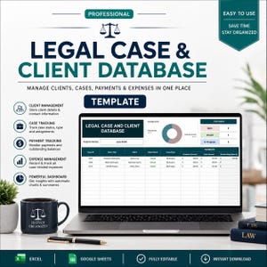 Peut inclure: Un modèle numérique de base de données pour dossiers juridiques et clients affiché sur un écran d'ordinateur portable. L'interface comprend un tableau de bord avec des graphiques, des tableaux de suivi et des paiements. Une tasse noire est présente.