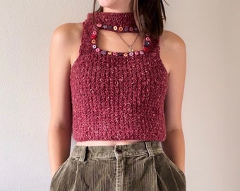 the button top| handmade crochet mock neck tank top