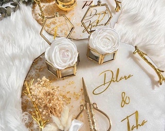 Luxury Epoxy Engagement Tray Set with Gold-Effect Flakes, Personalized Hexagon Ring Box, Elegant Söz & Nişan Coffee Serving Set