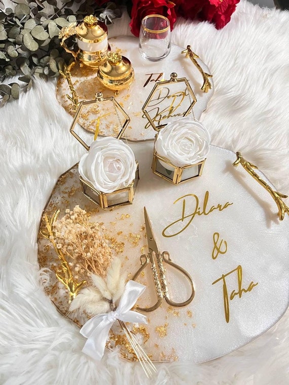 Luxury Epoxy Engagement Tray Set with Gold-Effect Flakes, Personalized Hexagon Ring Box, Elegant Söz & Nişan Coffee Serving Set