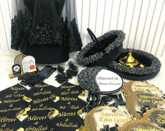 Henna Night Bride and Groom Wedding Set - Bridal Veil, Tambourines and Handkerchiefs Black