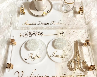 10-delige Luxe Verlovingsdienblad Set | Epoxy Gegoten Parelmodel Ring en Koffie Dienblad | Verloving, belofte en bruiloft dienblad set