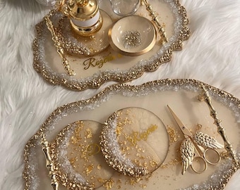 Verlovingsdienbladset - Epoxy gegoten stenen ringdienblad en koffiedienbladset