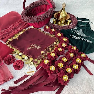 Luxury Henna Night Set, Burgundy Velvet Basket & Tray, Red Sequin Veil, Personalized Groom Pouch, Turkish Wedding Henna Kit
