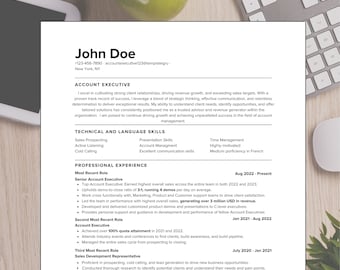 Resume Template, Sales Resume, Account Executive, Sales Development Representative, resume template wording, Professional Resume, Clean, AE