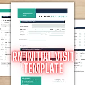 Peut inclure: Un modèle de visite initiale d'infirmière autorisée imprimable avec des sections pour les informations du patient, les coordonnées d'urgence, les signes vitaux et l'enseignement. Le modèle a un schéma de couleurs bleu et vert.