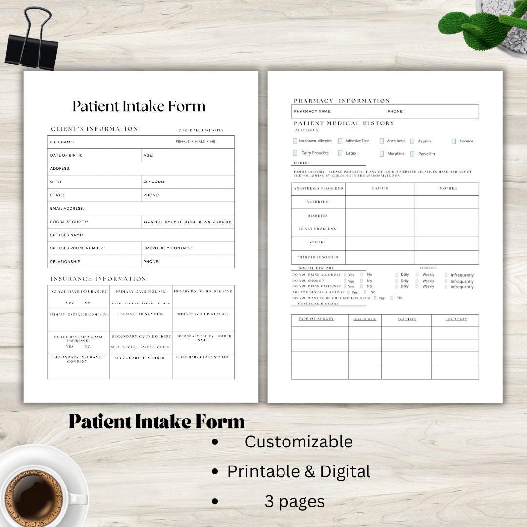 Patient Intake Form Template, Customizable, Available in PDF Format ...