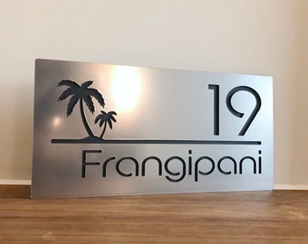 Premium House Sign / Brushed Metal Stainless Steel Look / With Palm Tree