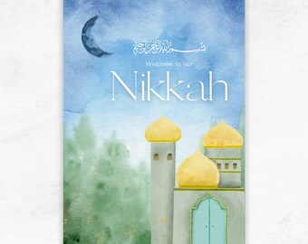 Dreamy Muslim Islamic Wedding Welcome Sign in Watercolour Blue and Green (Size A0 - 841mm x 1189mm)