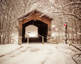 Old Covered Bridge lightly covered with snow photographic print