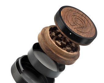 May include: A disassembled wooden and metal grinder with a black metal base, a black metal screen, a wooden grinder with a black metal ring, and a wooden top with a black metal ring and a logo.