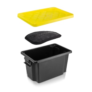 May include: A black plastic storage bin with a yellow lid and a black foam insert. The lid has a diamond pattern.