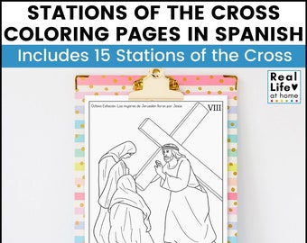 Stazioni della Via Crucis da colorare in SPAGNOLO per bambini, adolescenti e adulti (15 stazioni incluse)