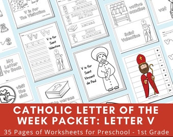 Letter V: Catholic Letter of the Week Worksheets and Coloring Pages for Preschool, Kindergarten, and First Grade