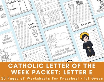 Letter E: Catholic Letter of the Week Worksheets and Coloring Pages for Preschool, Kindergarten, and 1st Grade