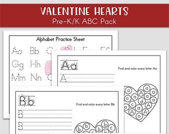 Paquete de alfabeto de corazones de San Valentín (preescolar - 1er grado) - 29 páginas - Descarga instantánea