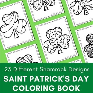 May include: A printable coloring book featuring 23 different shamrock designs. The book is perfect for celebrating Saint Patrick's Day.
