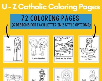 Páginas católicas para colorear para niños: Letras U - Z (72 páginas)