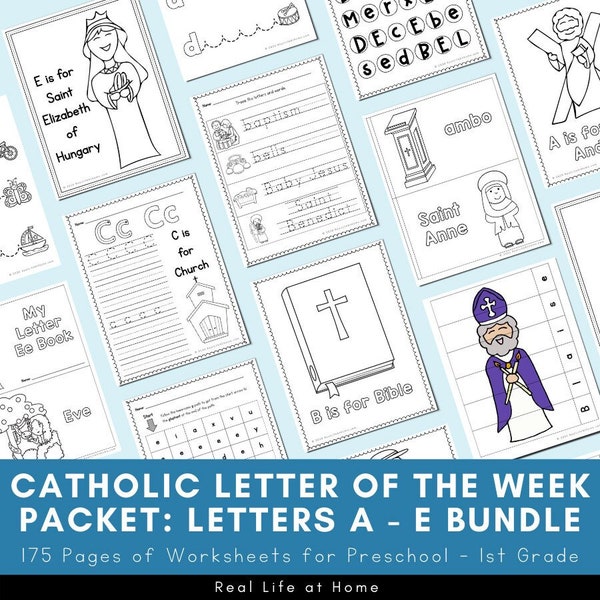 Catholic Letter of the Week Worksheets and Coloring Pages - Letters A - E Bundle