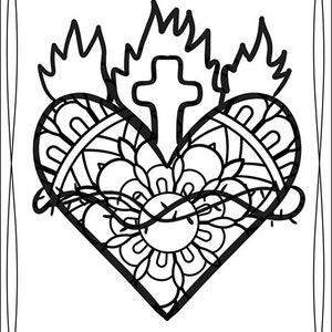 Pode incluir: Um desenho a preto e branco de um cora&ccedil;&atilde;o com uma cruz e chamas. O cora&ccedil;&atilde;o &eacute; rodeado de espinhos e um desenho floral.