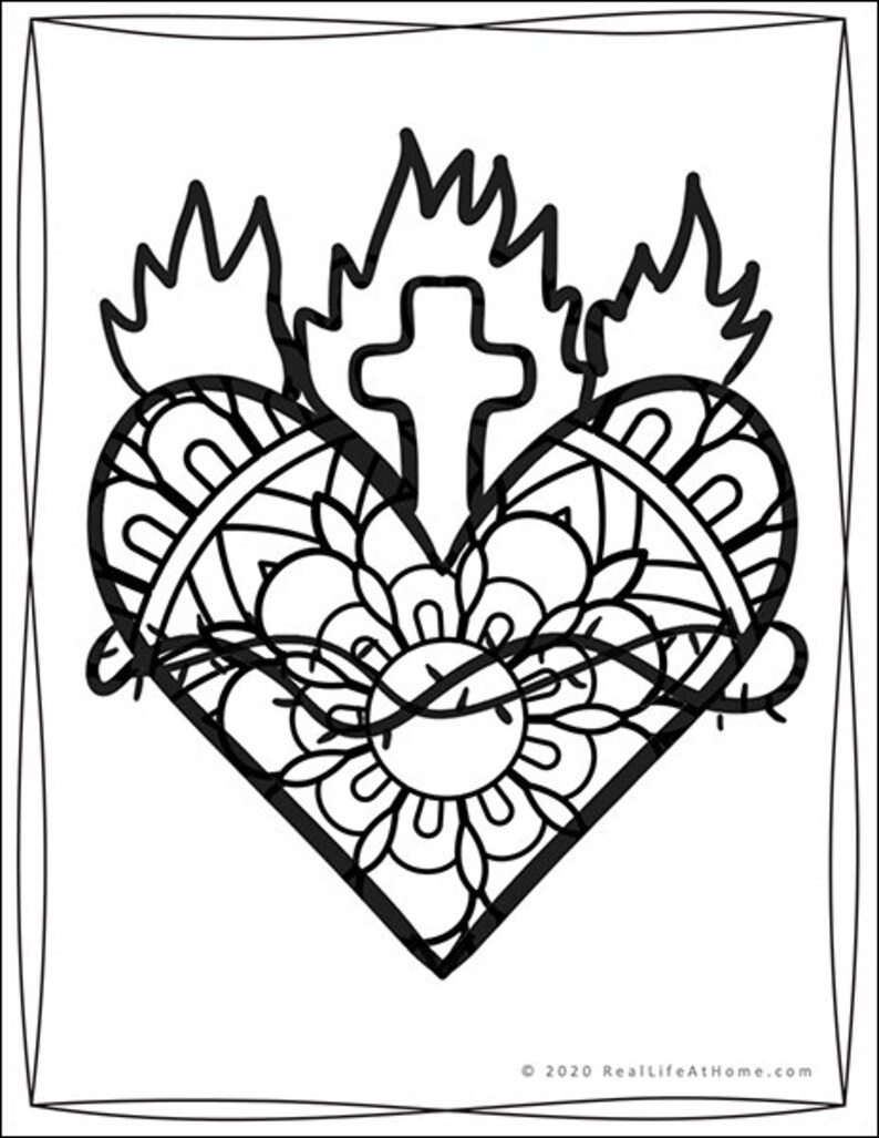 Pode incluir: Um desenho a preto e branco de um cora&ccedil;&atilde;o com uma cruz e chamas. O cora&ccedil;&atilde;o &eacute; rodeado de espinhos e um desenho floral.