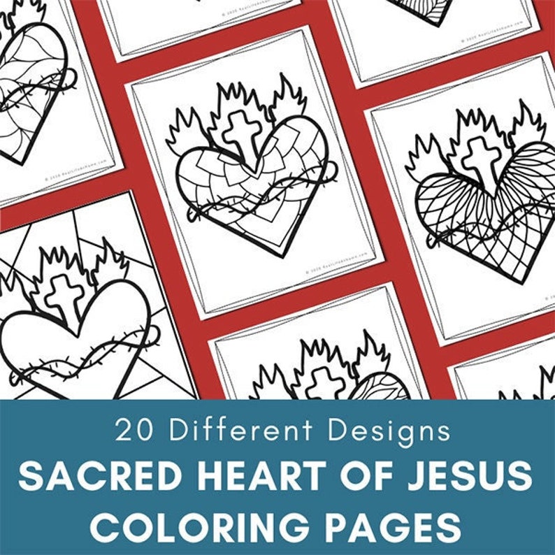 Pode incluir: 20 designs diferentes de p&aacute;ginas para colorir com o Sagrado Cora&ccedil;&atilde;o de Jesus. Cada p&aacute;gina tem uma ilustra&ccedil;&atilde;o em preto e branco do cora&ccedil;&atilde;o com chamas e espinhos.