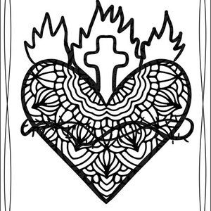 Pode incluir: Ilustra&ccedil;&atilde;o em preto e branco de um cora&ccedil;&atilde;o com uma cruz e chamas. O cora&ccedil;&atilde;o &eacute; cercado por espinhos. A imagem &eacute; um s&iacute;mbolo religioso.