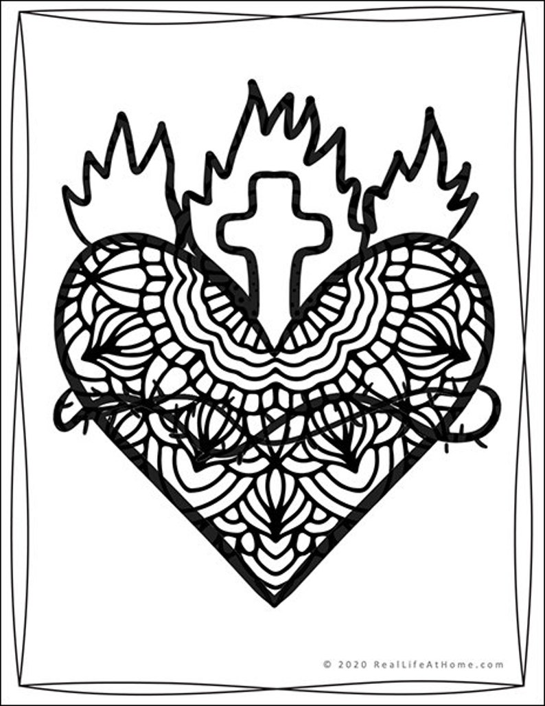 Pode incluir: Ilustra&ccedil;&atilde;o em preto e branco de um cora&ccedil;&atilde;o com uma cruz e chamas. O cora&ccedil;&atilde;o &eacute; cercado por espinhos. A imagem &eacute; um s&iacute;mbolo religioso.