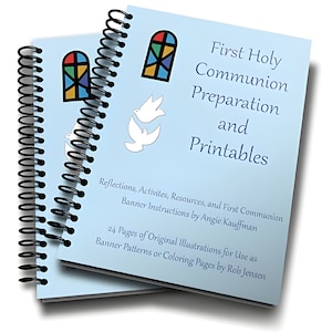May include: Two blue spiral bound books with the title "First Holy Communion Preparation and Printables". The cover features a stained glass window design and two white doves.