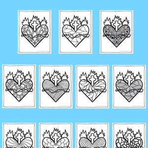 Pode incluir: Conjunto de dez p&aacute;ginas para colorir imprim&iacute;veis que representam o Sagrado Cora&ccedil;&atilde;o de Jesus. Cada p&aacute;gina apresenta um design intrincado diferente do cora&ccedil;&atilde;o com chamas, espinhos e uma cruz.