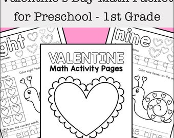 Páginas de actividades matemáticas de San Valentín para los números 1 - 10 (preescolar - 1er grado) - Descarga instantánea