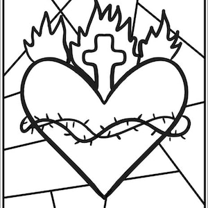 Pode incluir: Desenho a preto e branco de um cora&ccedil;&atilde;o com uma cruz e chamas no topo. O cora&ccedil;&atilde;o &eacute; rodeado por uma coroa de espinhos.