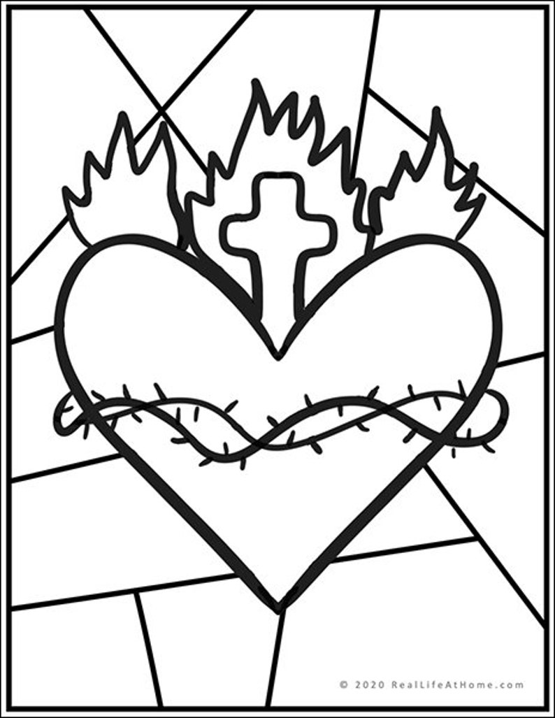 Pode incluir: Desenho a preto e branco de um cora&ccedil;&atilde;o com uma cruz e chamas no topo. O cora&ccedil;&atilde;o &eacute; rodeado por uma coroa de espinhos.