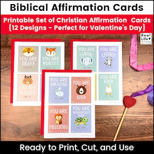 Bijbelse affirmatiekaarten voor kinderen (12 ontwerpen, perfect voor Valentijnsdag) - afdrukbaar, direct downloaden