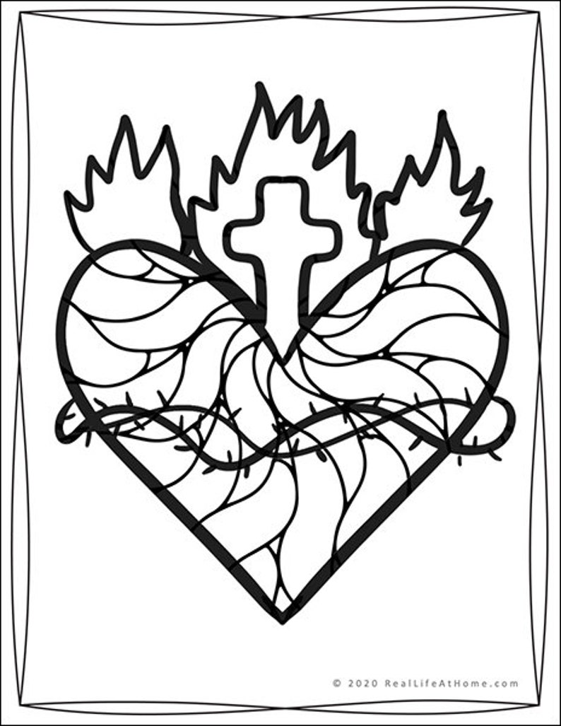 Pode incluir: Um desenho a preto e branco de um cora&ccedil;&atilde;o com uma cruz e chamas. O cora&ccedil;&atilde;o est&aacute; rodeado de espinhos.
