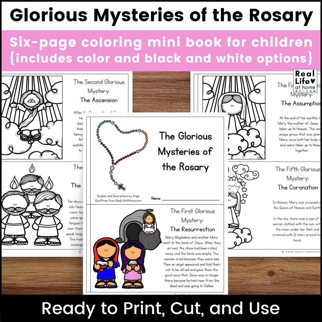 Glorious Mysteries of the Rosary Mini Book for Kids | Color and Black ...