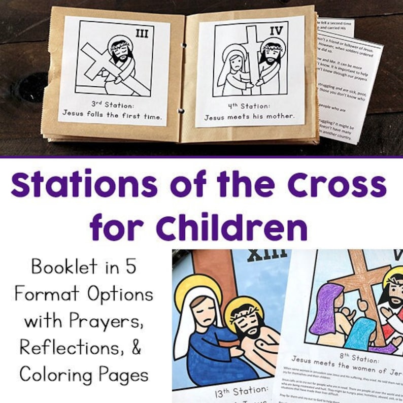 Stations of the Cross for Kids: 5 Booklet Variations Coloring, Reflections, and Prayers image 1