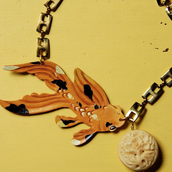 Tooled Leather Spotted Yellow Koi Necklace