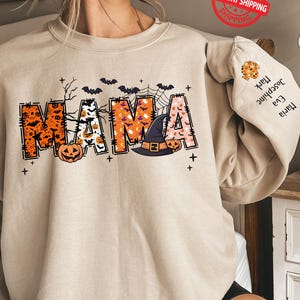 Custom Halloween Spooky Mama Sweatshirt with Kids Name on Sleeve Sweater, Cool Mama Halloween Shirt, Mama Halloween Gift, Custom Mama Hoodie