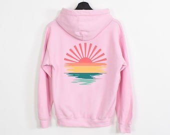 Retro Sunset Rays Hoodie, Wavy Back Sweatshirt, Beachy Vibes