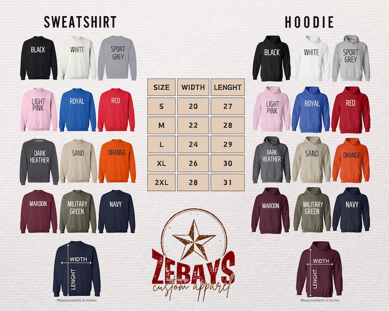 May include: A chart showing the size, width, and length of sweatshirts and hoodies in inches. The chart includes a variety of colors, including black, white, light pink, royal blue, red, dark heather, sand, orange, maroon, military green, and navy. The chart also includes the text "ZEBAYS custom apparel".