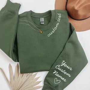 Custom Text on the Neck and Names on the Sleeve Sweatshirt,T-shirt or Hoodie,Personalized Name Initials on Sleeve,Customizable Crewneck Gift