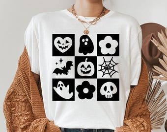 Checkered Halloween Ghost Shirt, Retro Fall Tee