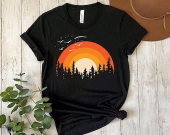Retro Pine Trees Sunset Shirt: Forest Adventure Tee