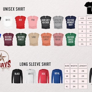 May include: A chart showing the size and measurements of unisex and long-sleeve shirts in various colors. The chart includes sizes XS, S, M, L, XL, and 2XL. The measurements are in inches. The colors include black, white, red, pink, dark grey heather, athletic heather, heather midnight navy, royal, heather maroon, heather forest, sand, heather sunset, heather mauve, and heather grass green.