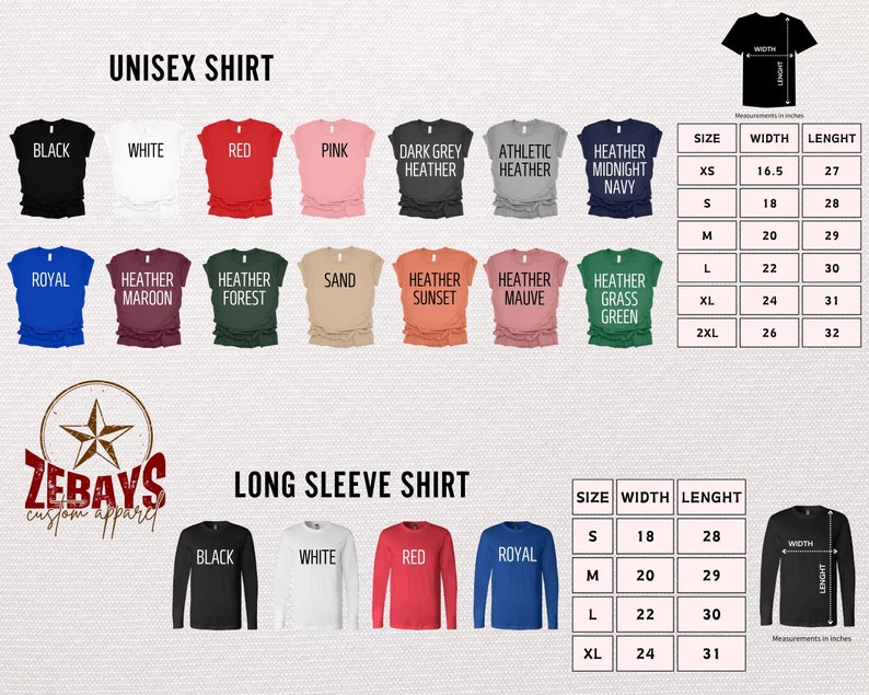 May include: A chart showing the size and measurements of unisex and long-sleeve shirts in various colors. The chart includes sizes XS, S, M, L, XL, and 2XL. The measurements are in inches. The colors include black, white, red, pink, dark grey heather, athletic heather, heather midnight navy, royal, heather maroon, heather forest, sand, heather sunset, heather mauve, and heather grass green.