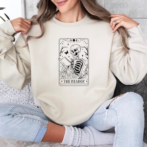 The Reader Tarot Card Shirt, Skeleton Reading Sweatshirt, Unisex Tarot Card Shirt, Book Lover Gift, Bookish Gift, Tarot Lover Gift