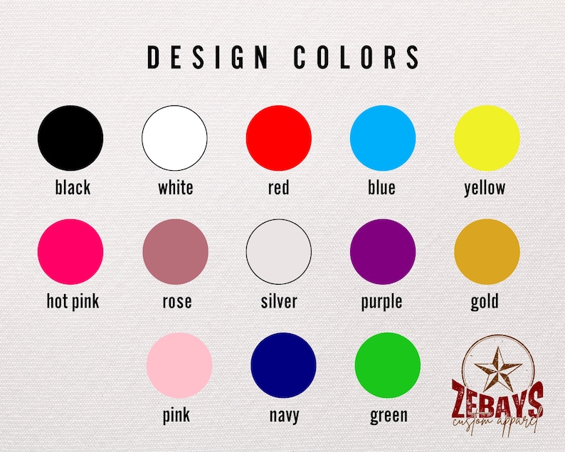 May include: A chart showing 13 different color options for a design project. The colors are black, white, red, blue, yellow, hot pink, rose, silver, purple, gold, pink, navy, and green.