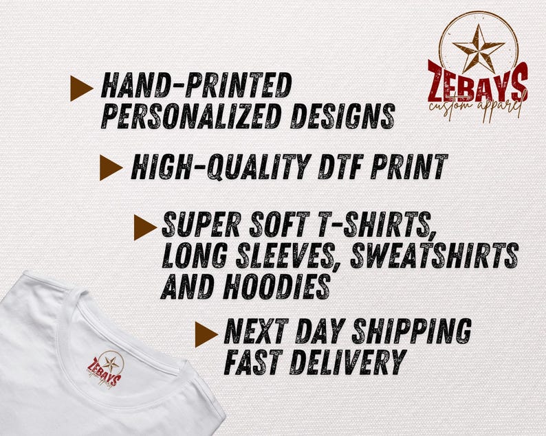 The image is a promotional graphic for a clothing brand called "Zeb's". It features a white t-shirt with the brand's logo and text, highlighting the brand's offerings such as hand-printed personalized designs, high-quality DFT print, and a variety of clothing items like long sleeves, sweatshirts, and hoodies. The image also mentions the brand's next day shipping and fast delivery.